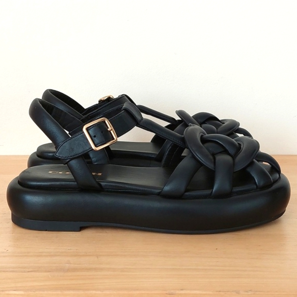 Coach Penney Strappy Fisherman Platform Black Leather Sandals - Picture 4 of 16